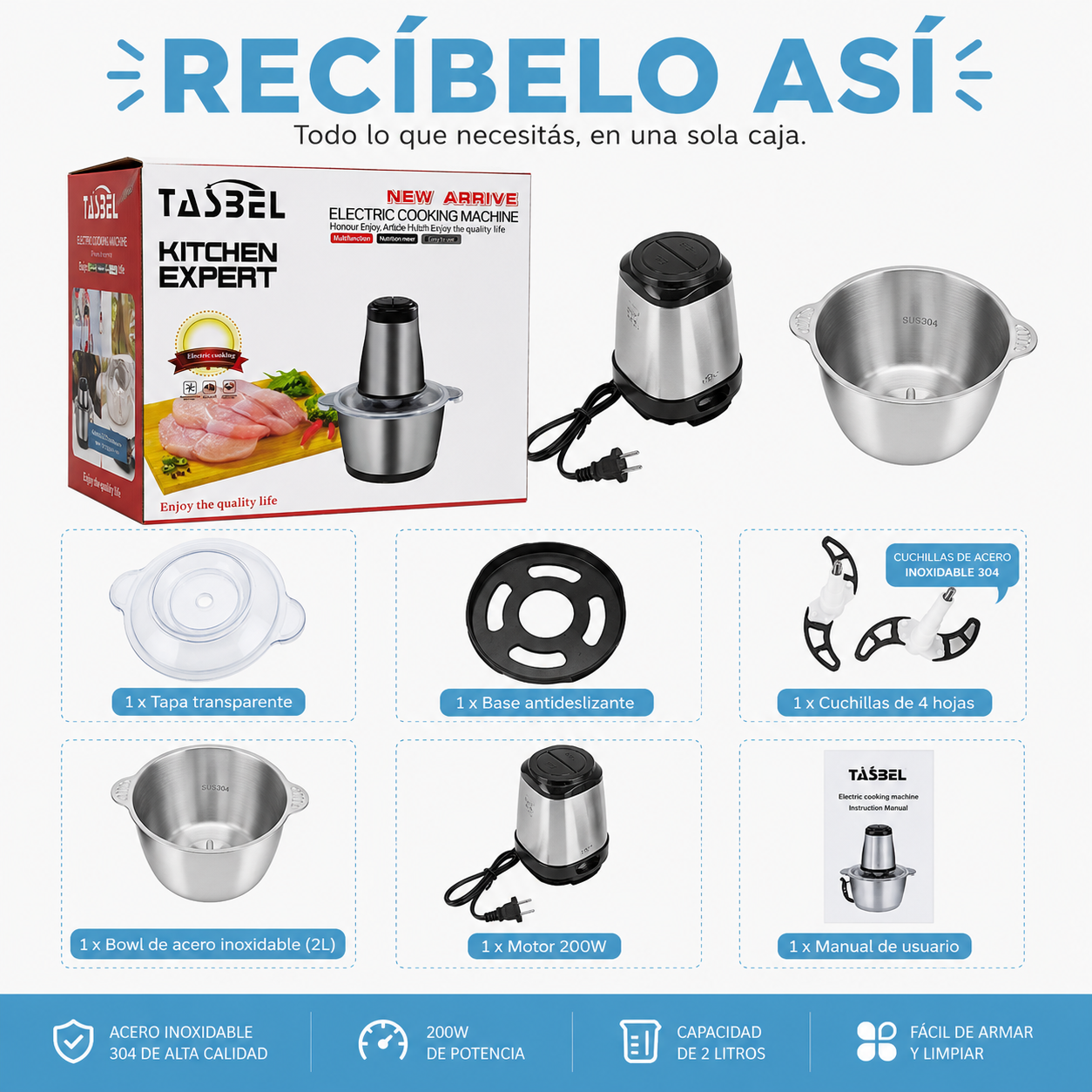 PICADORA ELÉCTRICA DE ACERO INOXIDABLE TASBEL™ | CON 2 VELOCIDADES