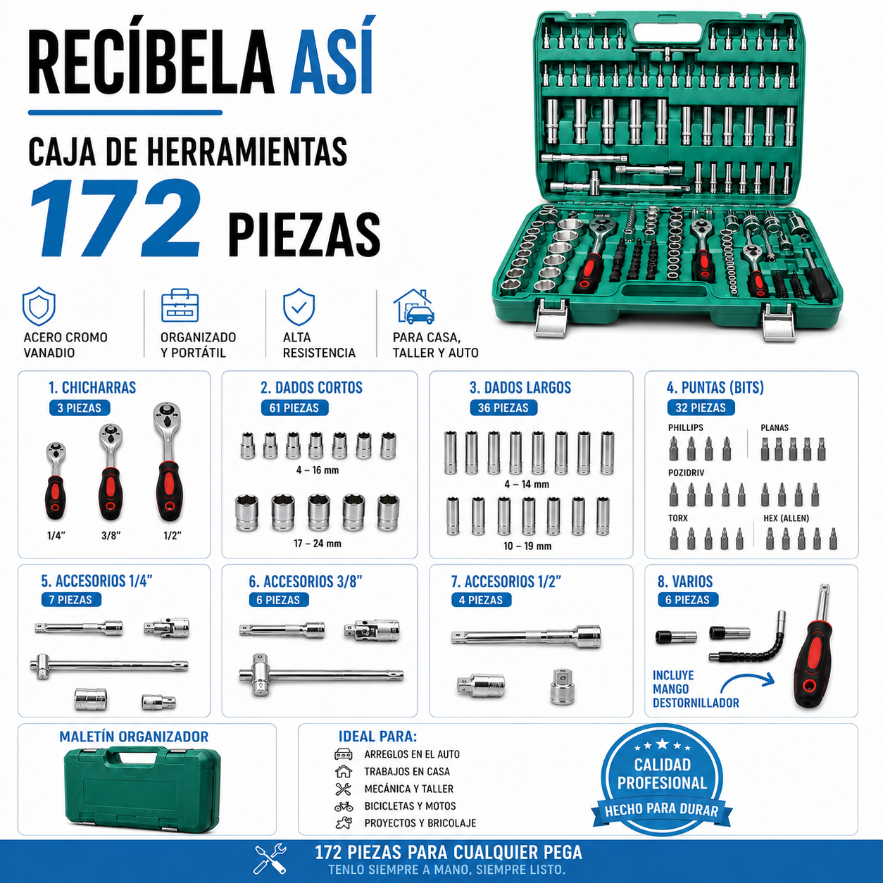 CAJA DE HERRAMIENTAS | INCLUYE 172 PIEZAS PROFESIONALES 🛠️