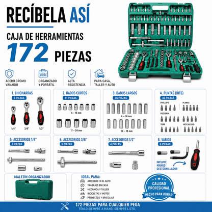 CAJA DE HERRAMIENTAS | INCLUYE 172 PIEZAS PROFESIONALES 🛠️