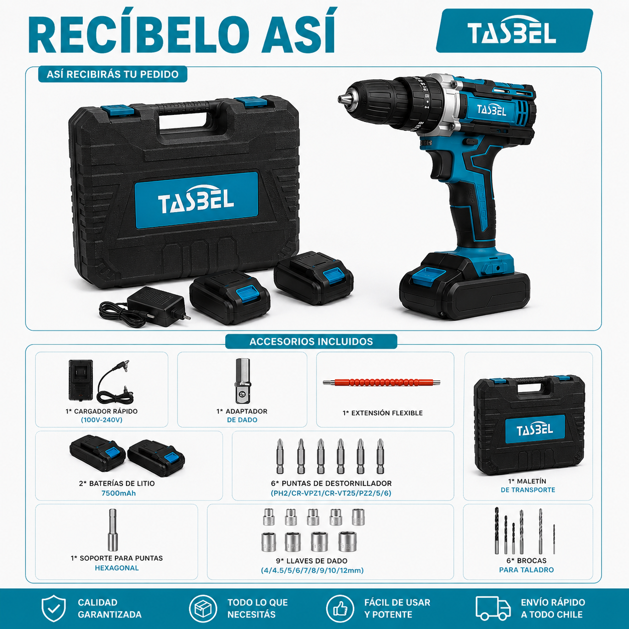 TALADRO TASBEL™ INALÁMBRICO 98V | INCLUYE 2 BATERÍAS DE REGALO 🎁