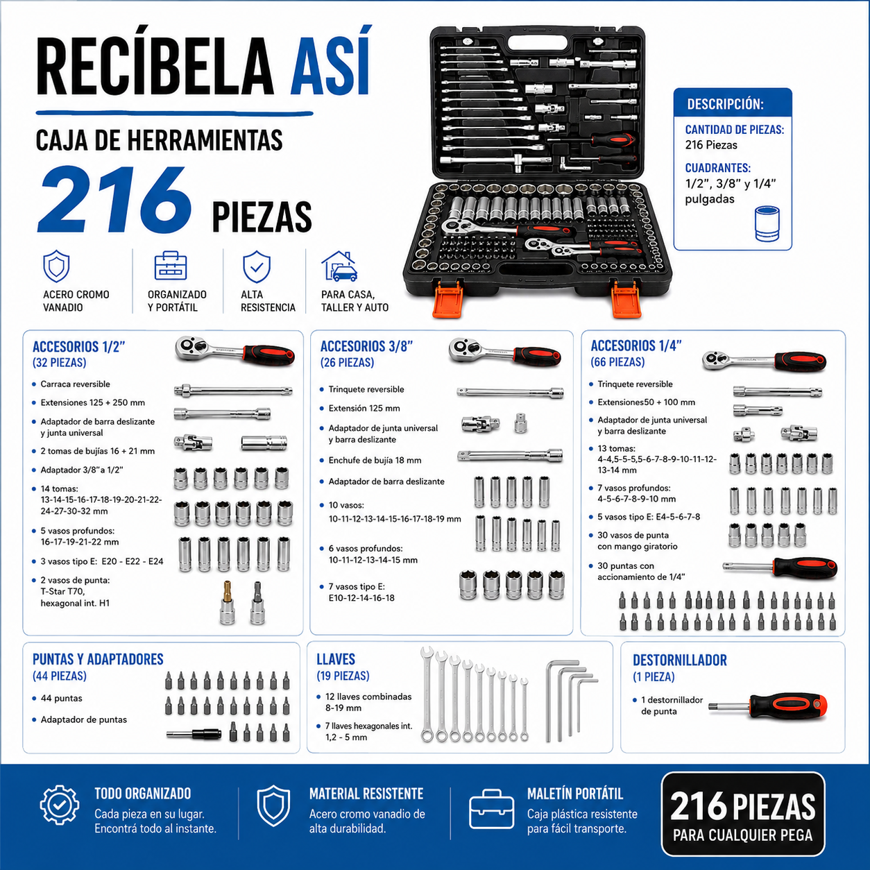 CAJA DE HERRAMIENTAS | INCLUYE 216 PIEZAS PROFESIONALES ⚒️