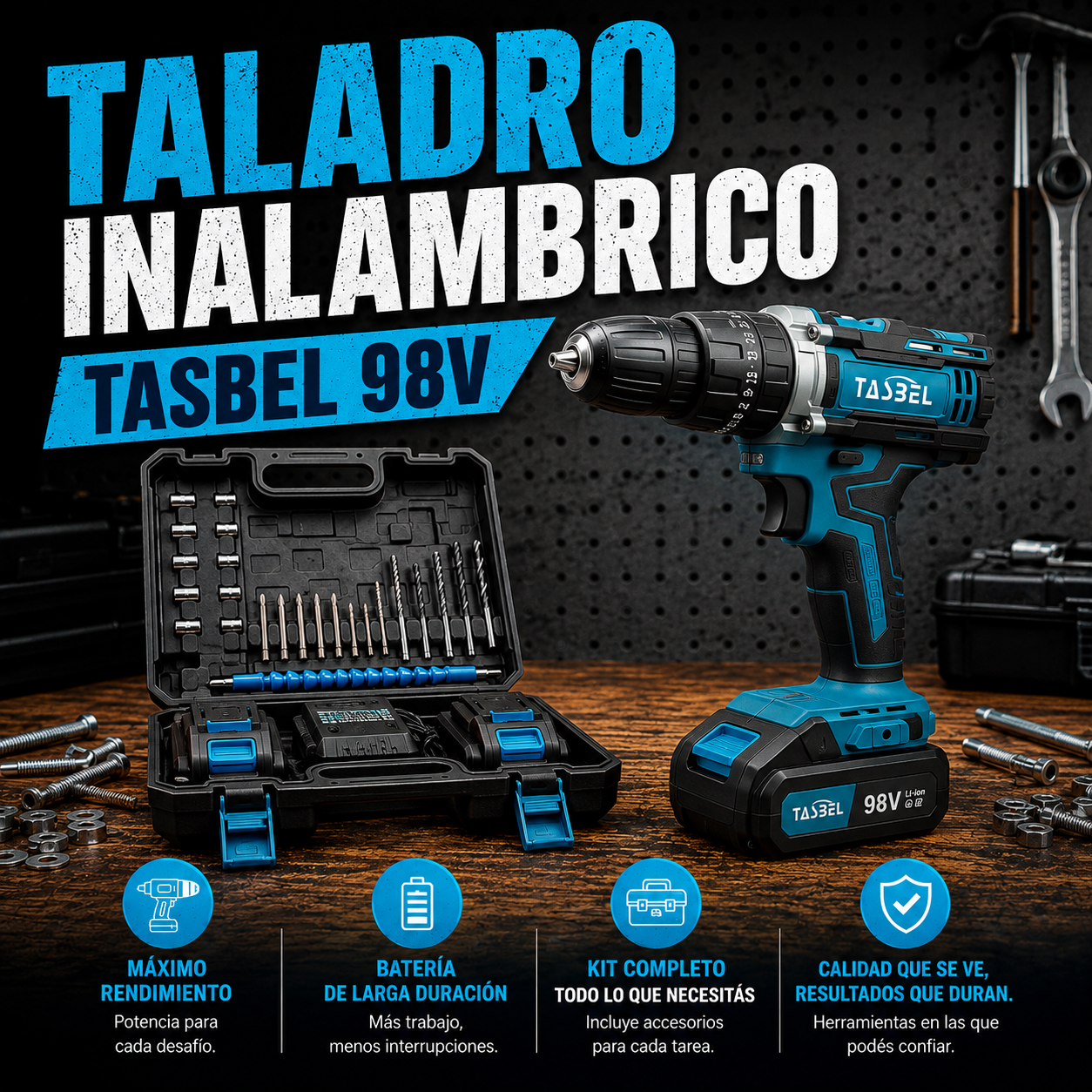 TALADRO TASBEL™ INALÁMBRICO 98V | INCLUYE 2 BATERÍAS DE REGALO 🎁