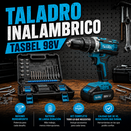 TALADRO TASBEL™ INALÁMBRICO 98V | INCLUYE 2 BATERÍAS DE REGALO 🎁