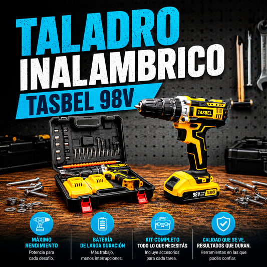 TALADRO INALÁMBRICO TASBEL™ 98V | INCLUYE 2 BATERÍAS DE REGALO 🎁