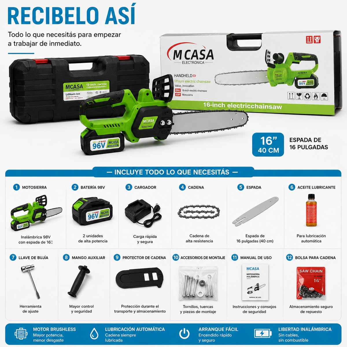 MOTOSIERRA MCASA™ INALAMBRICA 98V | INCLUYE 2 BATERIAS DE REGALO 🎁