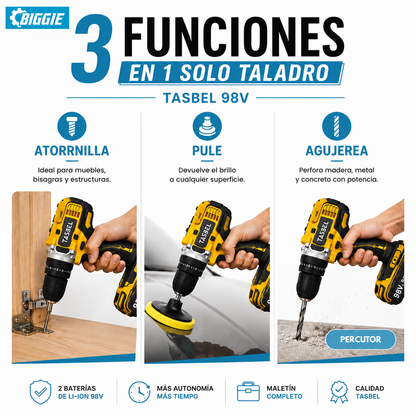 TALADRO INALÁMBRICO TASBEL™ 98V | KIT PULIDOR Y 2 BATERÍAS DE REGALO 🎁