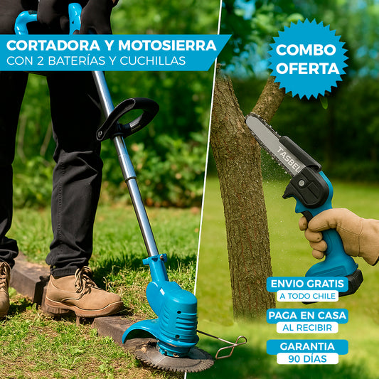 COMBO CORTADORA Y MINI MOTOSIERRA TASBEL™ 98V | INCLUYE 2 BATERÍAS Y CUCHILLAS DE REGALO 🎁