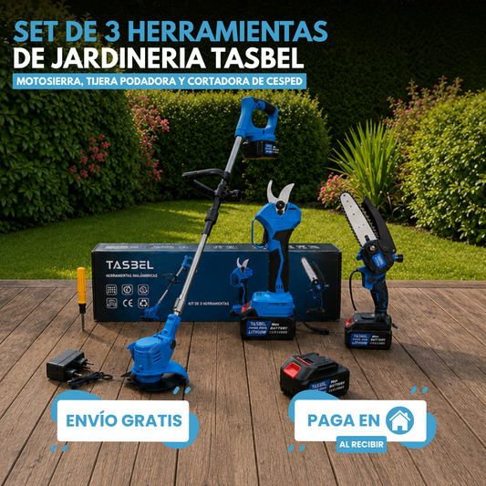 SET 3 HERRAMIENTAS JARDINERIA TASBEL™ INCLUYE 2 BATERÍAS DE REGALO 🎁