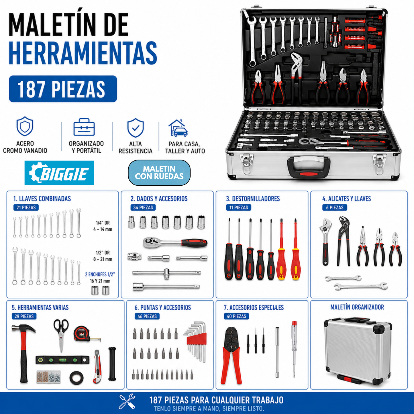 MALETIN DE HERRAMIENTAS | CONTIENE 187 PIEZAS PROFESIONALES ⚒️