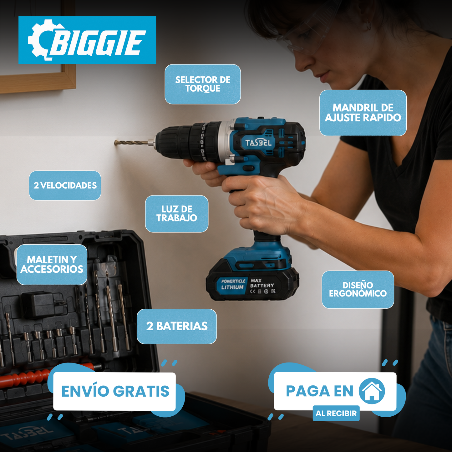 TALADRO TASBEL™ INALÁMBRICO 98V | INCLUYE 2 BATERÍAS DE REGALO 🎁