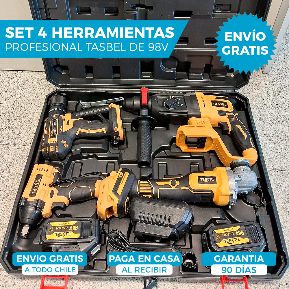SET PROFESIONAL DE 4 HERRAMIENTAS TASBEL™ 98V | ⚡️ ROTOMARTILLO LLAVE DE IMPACTO ESMERIL Y TALADRO