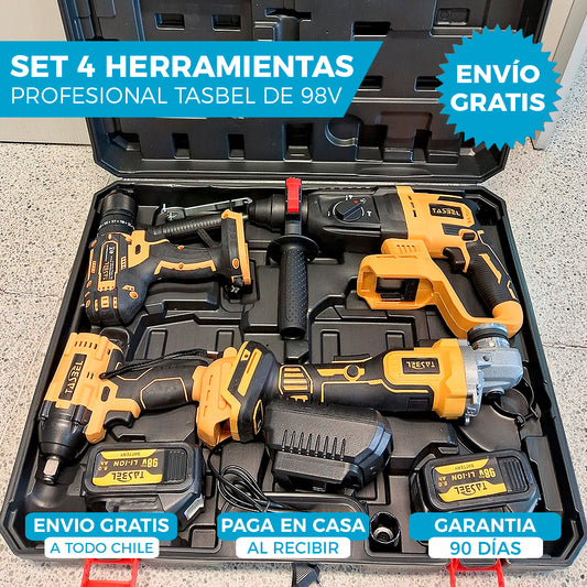SET PROFESIONAL DE 4 HERRAMIENTAS TASBEL™ 98V | ⚡️ ROTOMARTILLO LLAVE DE IMPACTO ESMERIL Y TALADRO