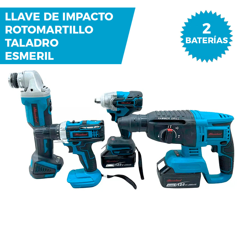 SET PROFESIONAL DE 4 HERRAMIENTAS | LLAVE DE IMPACTO ROTOMARTILLO ESMERIL Y TALADRO