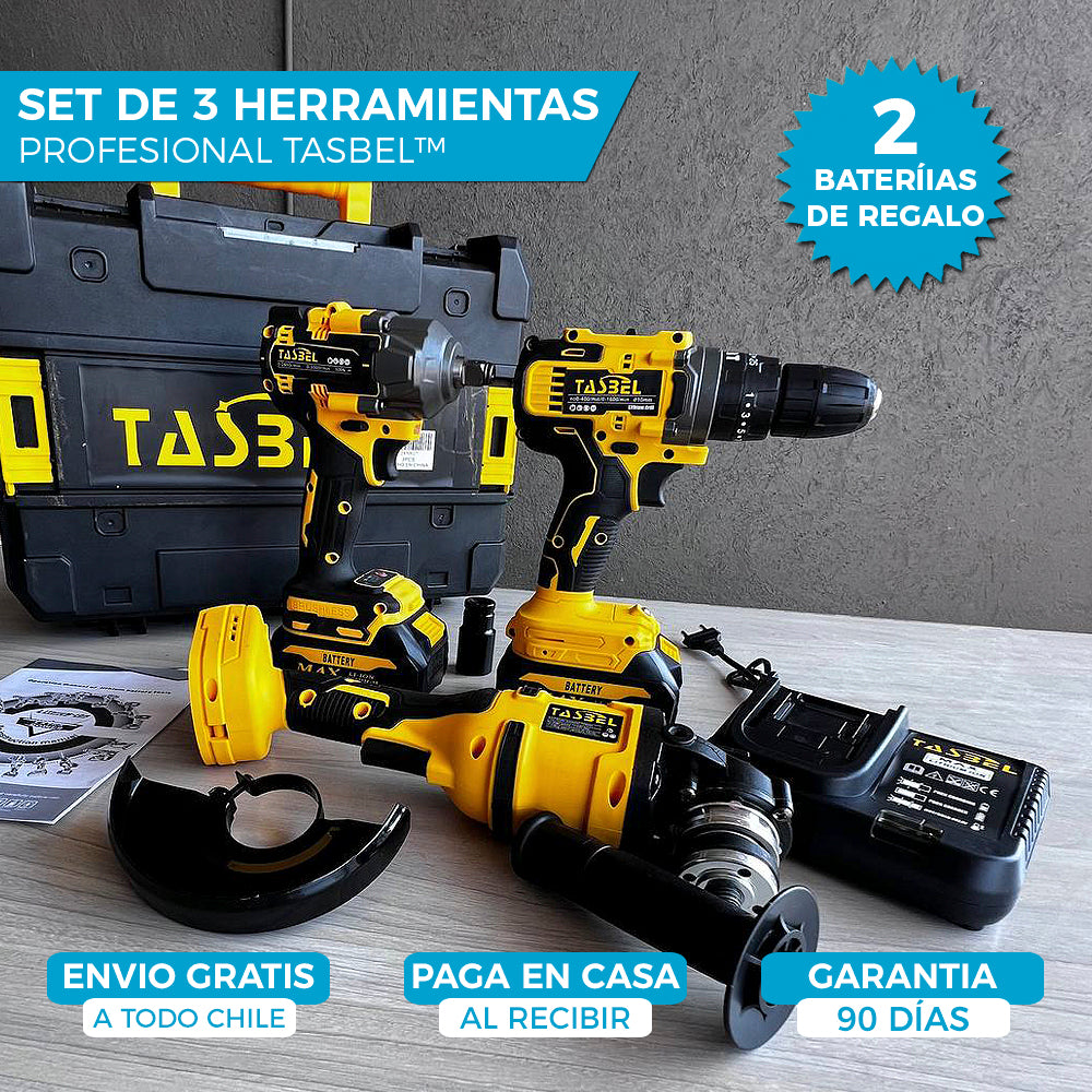 SET PROFESIONAL DE 3 HERRAMIENTAS TASBEL™ 98V | ⚡️ LLAVE DE IMPACTO ESMERIL Y TALADRO