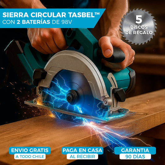 SIERRA CIRCULAR TASBEL™ CON 2 BATERÍAS 98V | INCLUYE 5 DISCOS DE REGALO 🎁