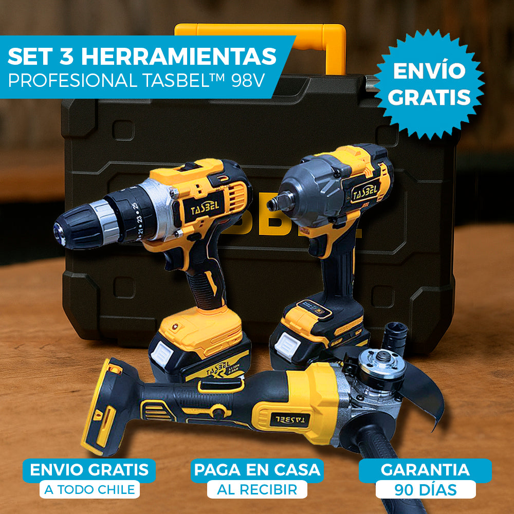SET PROFESIONAL DE 3 HERRAMIENTAS TASBEL™ 98V | ⚡️ LLAVE DE IMPACTO ESMERIL Y TALADRO
