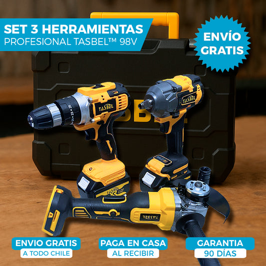 SET PROFESIONAL DE 3 HERRAMIENTAS TASBEL™ 98V | ⚡️ LLAVE DE IMPACTO ESMERIL Y TALADRO