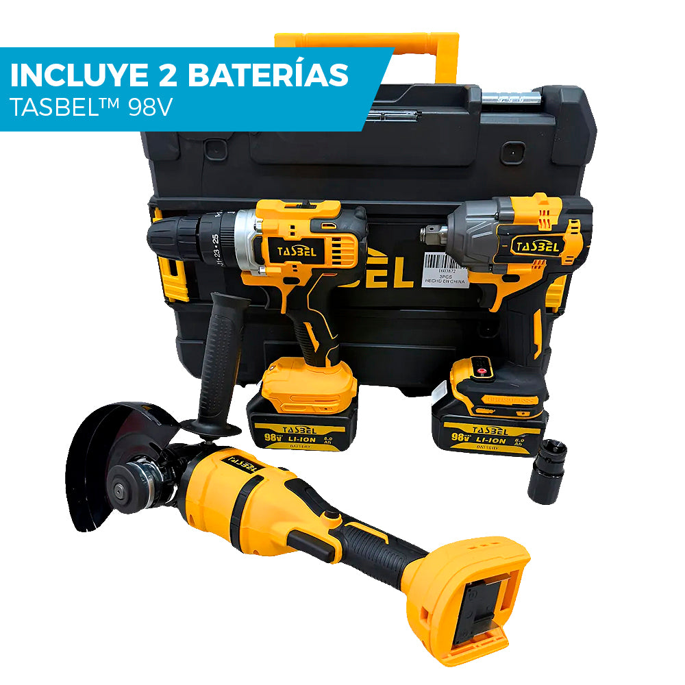 SET PROFESIONAL DE 3 HERRAMIENTAS TASBEL™ 98V | ⚡️ LLAVE DE IMPACTO ESMERIL Y TALADRO
