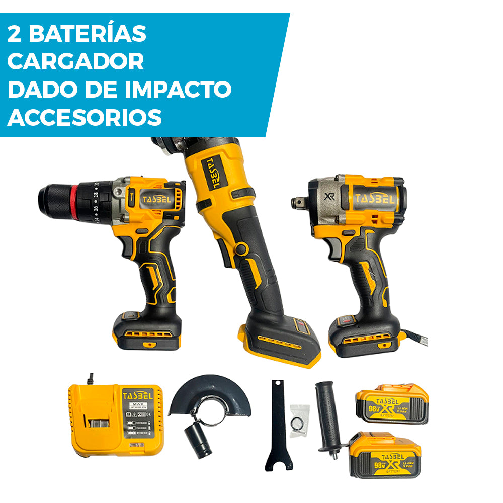 SET PROFESIONAL DE 3 HERRAMIENTAS TASBEL™ 98V | ⚡️ LLAVE DE IMPACTO ESMERIL Y TALADRO