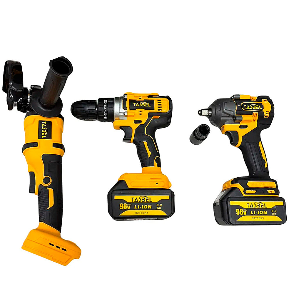 SET PROFESIONAL DE 3 HERRAMIENTAS TASBEL™ 98V | ⚡️ LLAVE DE IMPACTO ESMERIL Y TALADRO