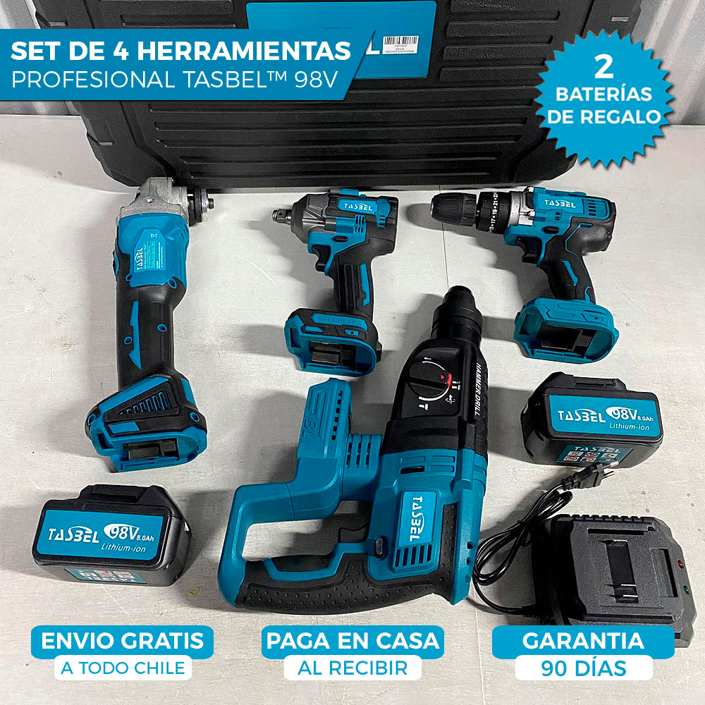 SET PROFESIONAL DE 4 HERRAMIENTAS TASBEL™ 98V | ⚡️ ROTOMARTILLO LLAVE DE IMPACTO ESMERIL Y TALADRO