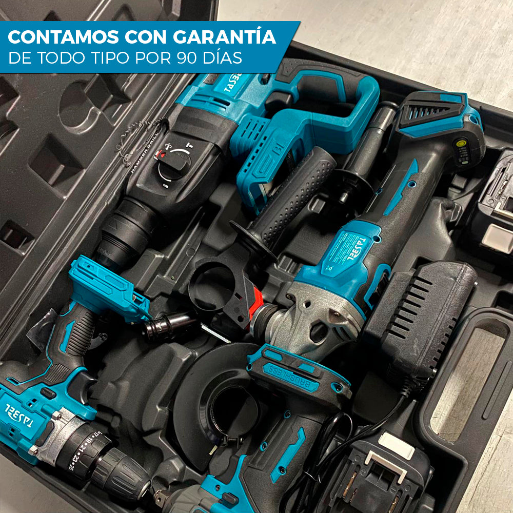 SET PROFESIONAL DE 4 HERRAMIENTAS TASBEL™ 98V | ⚡️ ROTOMARTILLO LLAVE DE IMPACTO ESMERIL Y TALADRO