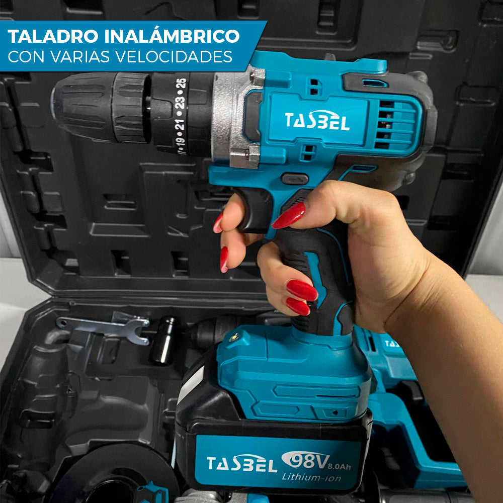 SET PROFESIONAL DE 4 HERRAMIENTAS TASBEL™ 98V | ⚡️ ROTOMARTILLO LLAVE DE IMPACTO ESMERIL Y TALADRO