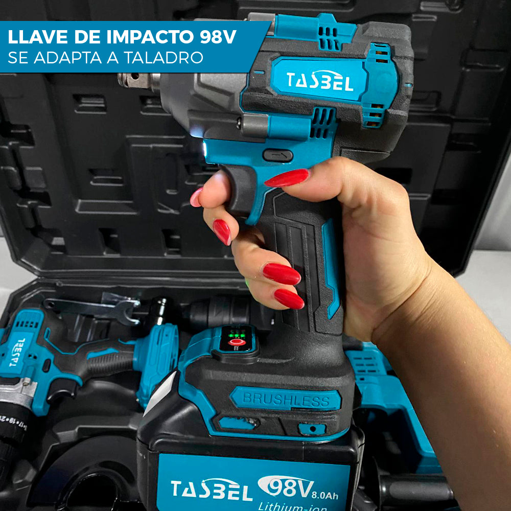 SET PROFESIONAL DE 4 HERRAMIENTAS TASBEL™ 98V | ⚡️ ROTOMARTILLO LLAVE DE IMPACTO ESMERIL Y TALADRO