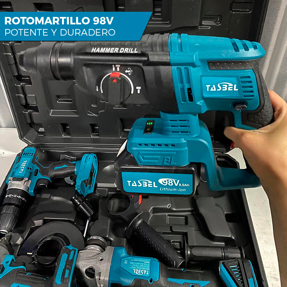 SET PROFESIONAL DE 4 HERRAMIENTAS TASBEL™ 98V | ⚡️ ROTOMARTILLO LLAVE DE IMPACTO ESMERIL Y TALADRO