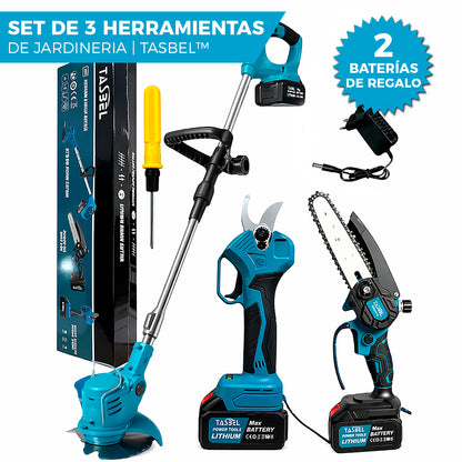 SET 3 HERRAMIENTAS JARDINERIA TASBEL™ INCLUYE 2 BATERÍAS DE REGALO 🎁