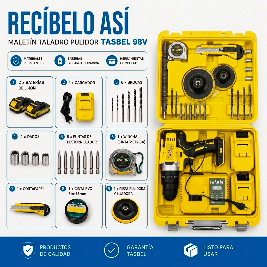 TALADRO INALÁMBRICO TASBEL™ 98V | KIT PULIDOR Y 2 BATERÍAS DE REGALO 🎁